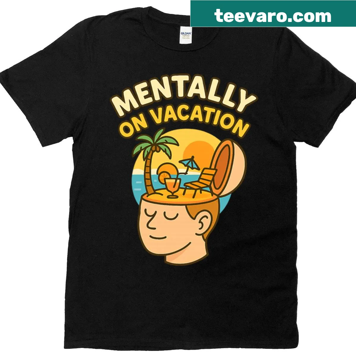 Humorous vacation-themed t-shirt with bold text about being on vacation — on a men's t-shirt
