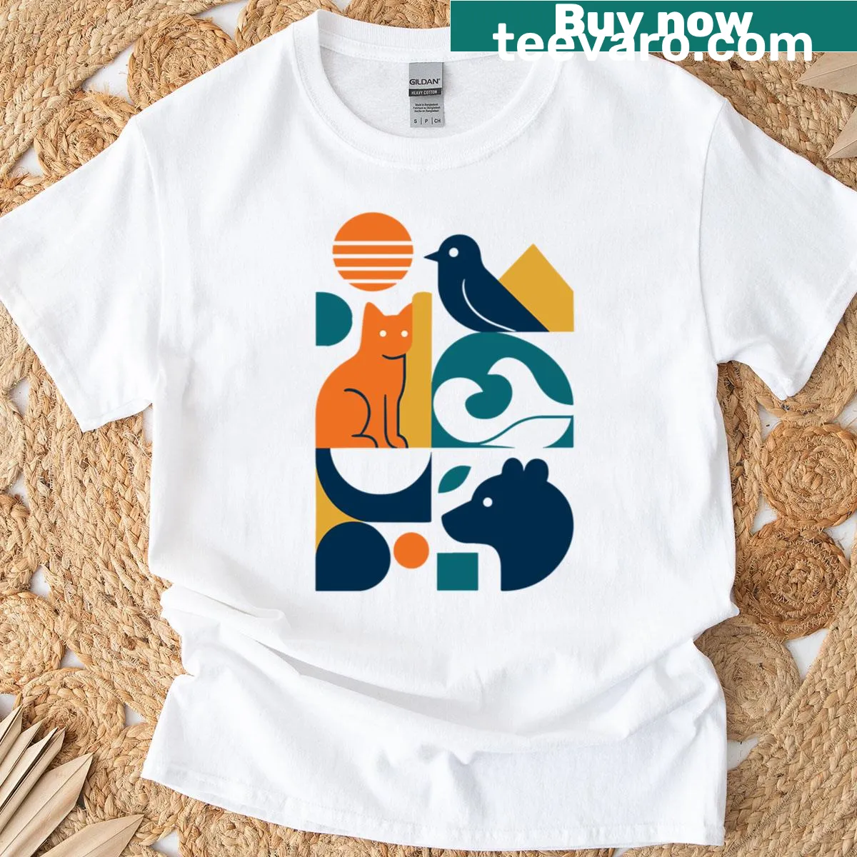 Minimalist T-shirt featuring simple outlines of various animals. — on a men's t-shirt