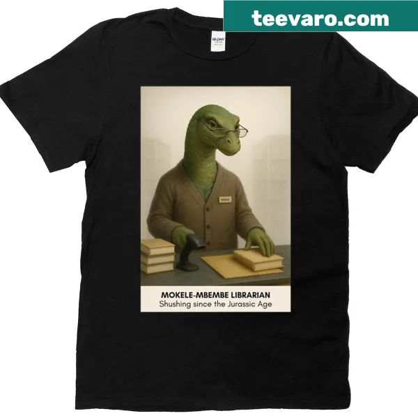 Funny librarian-themed T-shirt with Mokele-mbembe illustration