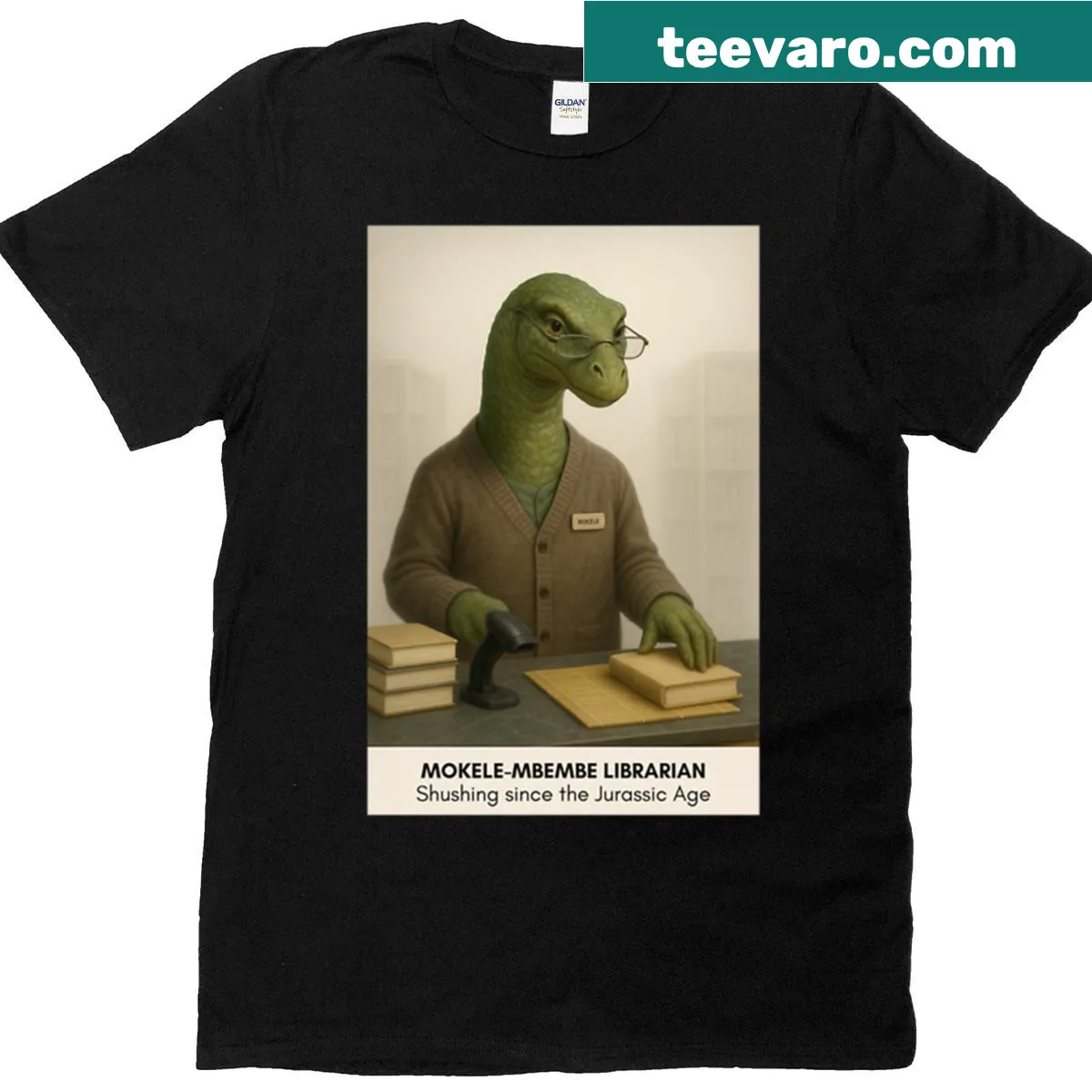 Funny librarian-themed T-shirt with Mokele-mbembe illustration — on a men's t-shirt