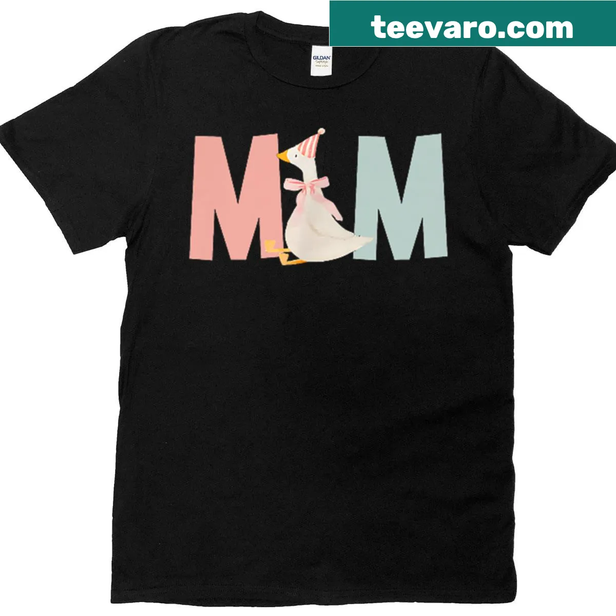 Illustrative graphic of a silly goose with text Mom Of The Silly Goose — on a men's t-shirt