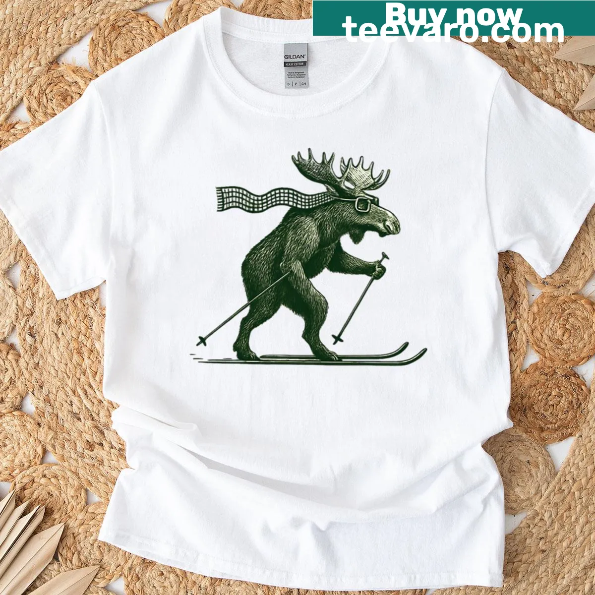 Cartoon illustration of a skiing moose on a T-shirt — on a men's t-shirt
