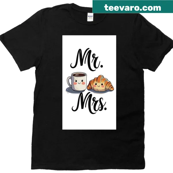 Simple couple's t-shirt with 'Mrs Mr - 1' printed in elegant typography