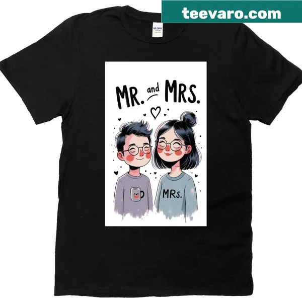 Couple-themed t-shirt featuring 'Mrs Mr - 2' text design.
