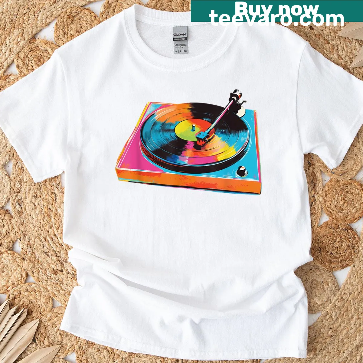 Vintage DJ turntable and vinyl record player t-shirt design — on a men's t-shirt