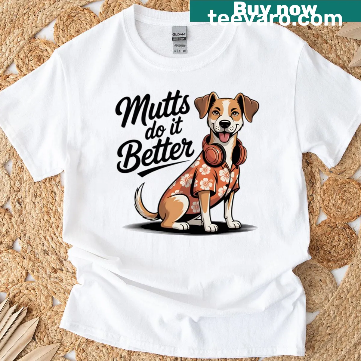 Playful T-shirt with a Hawaiian design featuring mixed breed dogs — on a men's t-shirt