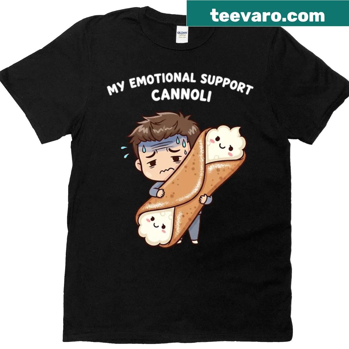 Funny t-shirt with a cartoon cannoli graphic and text — on a men's t-shirt