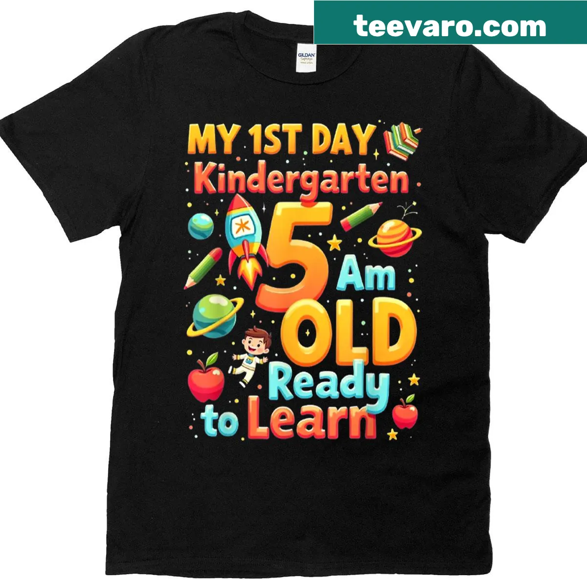 T-shirt celebrating a child's first day of kindergarten — on a men's t-shirt