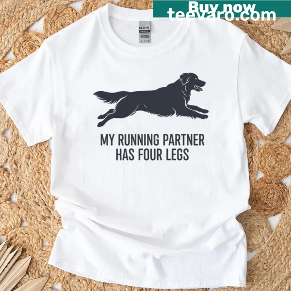 T-shirt with an illustration of a dog and the phrase 'My Running Partner Has Four Legs.'
