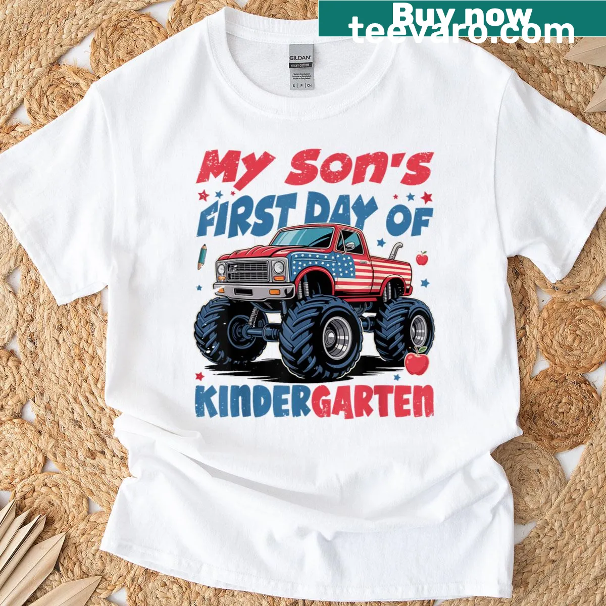 T-shirt with a monster truck illustration and the phrase 'My Sons First Day Of Kindergarten.' — on a men's t-shirt