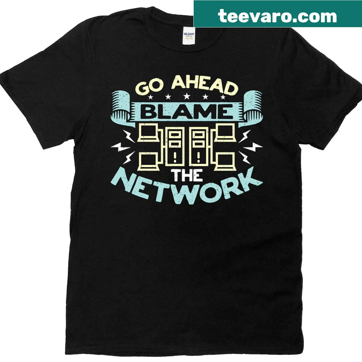 Funny T-shirt with 'Go Ahead Blame The Cybersecurity' text for network engineers — on a men's t-shirt