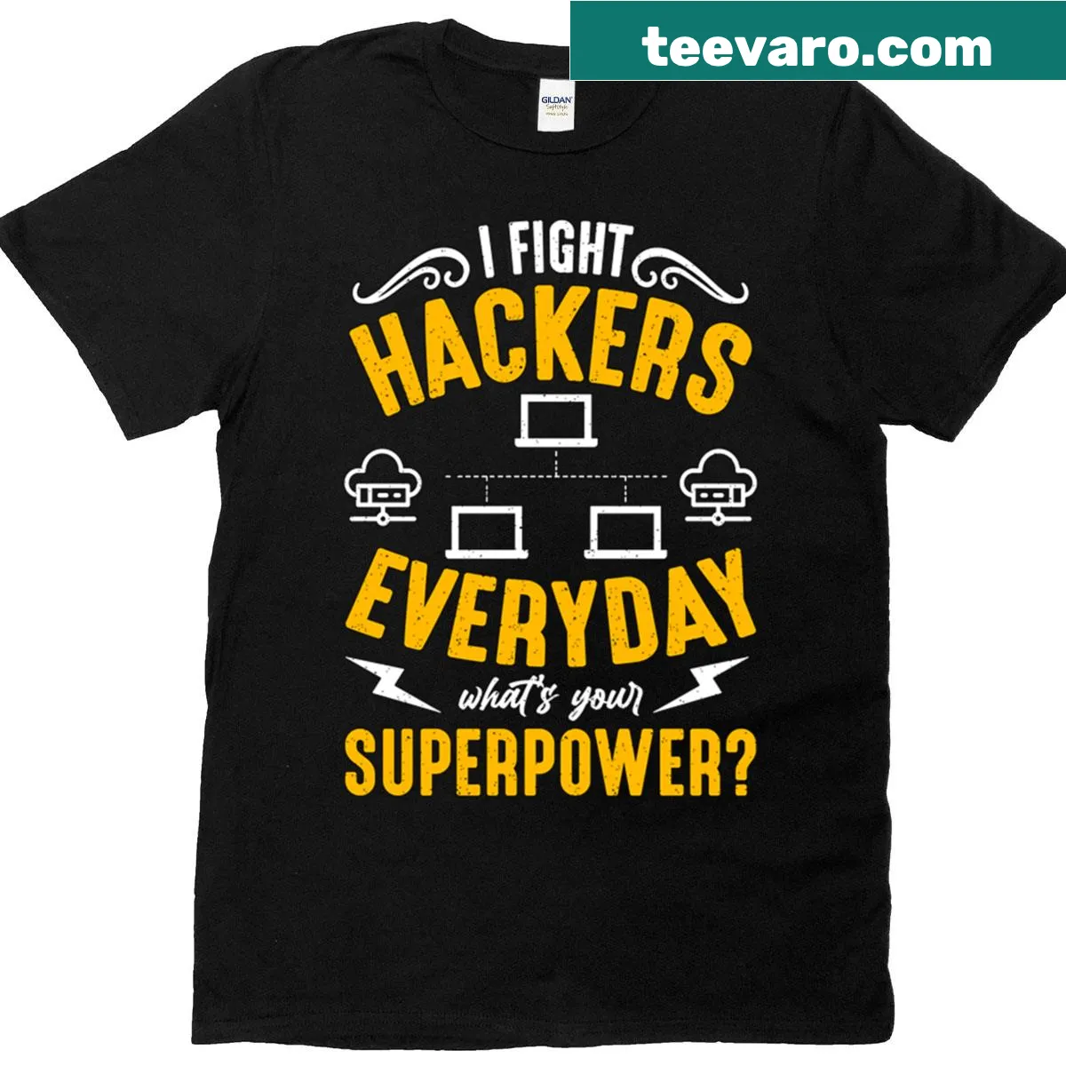 Oversized T-shirt with 'I Fight Hackers' graphic for network engineers — on a men's t-shirt