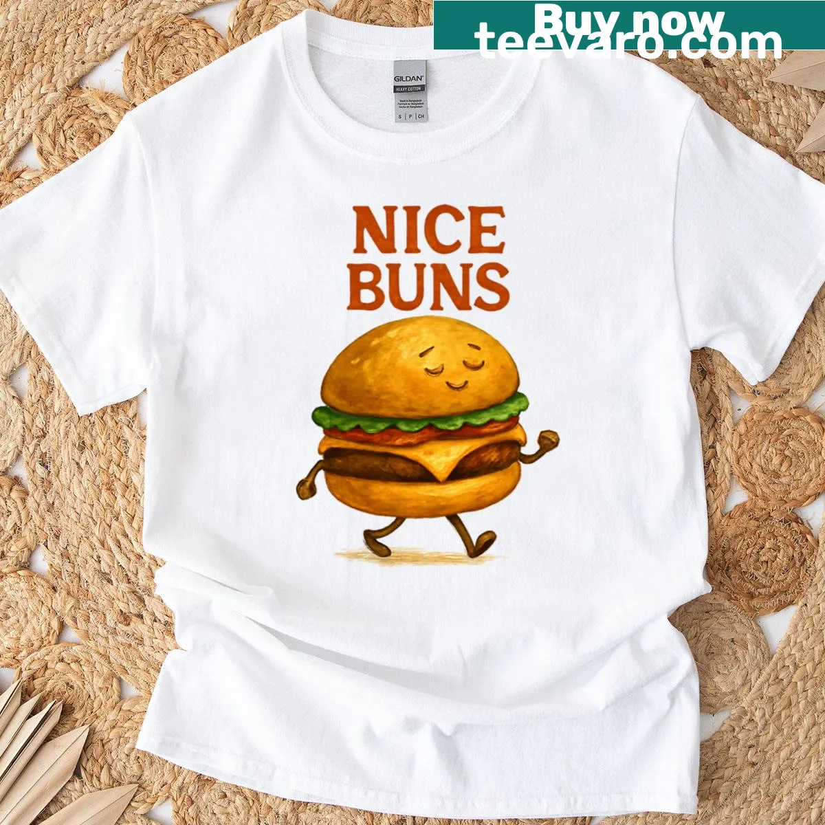 Whimsical T-shirt depicting a walking cheeseburger with a funny caption. — on a men's t-shirt