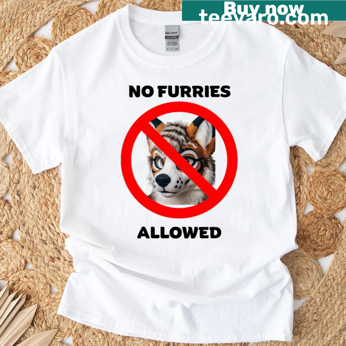 Bold text t-shirt stating 'No Furries Allowed' — on a men's t-shirt