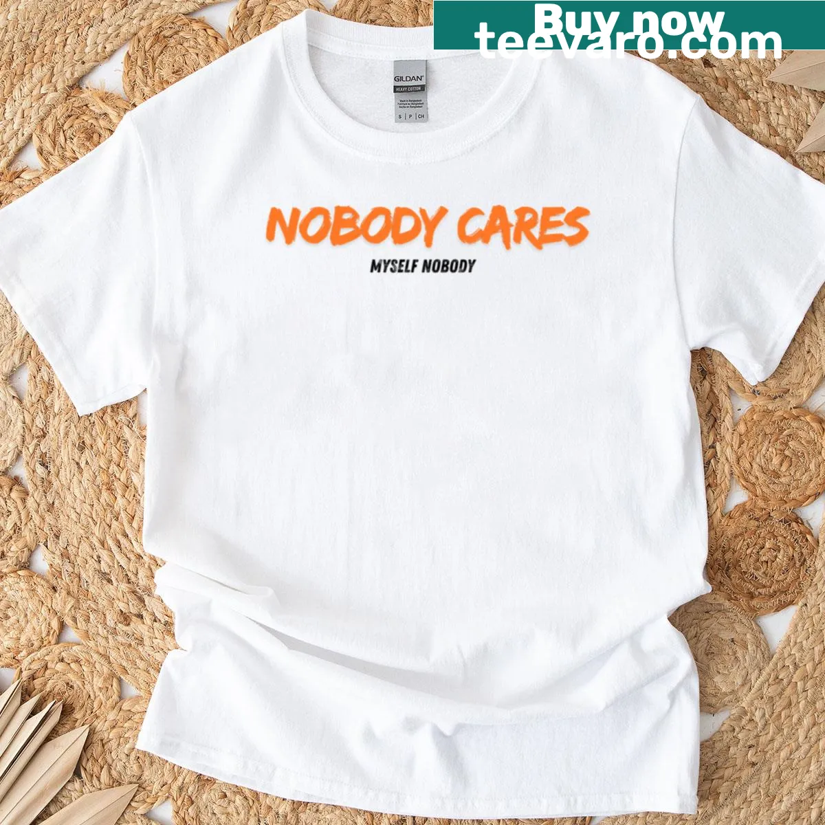 Sarcastic T-shirt featuring the phrase 'Nobody Cares' in a playful brush design. — on a men's t-shirt