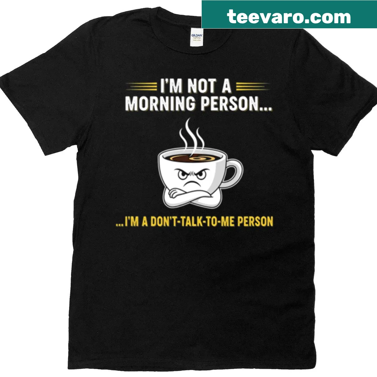 Funny graphic t-shirt about not being a morning person with coffee theme — on a men's t-shirt