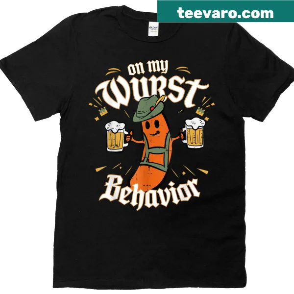 Funny t-shirt with the phrase 'On My Wurst Behavior' in a playful design