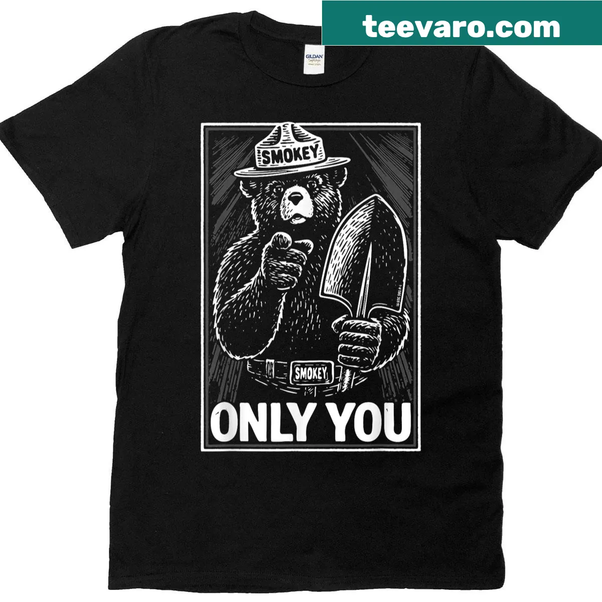 Smokey Bear t-shirt in WPA style encouraging fire safety — on a men's t-shirt