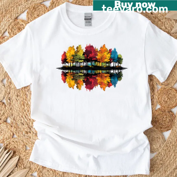 Retro-style T-shirt featuring trees and wildlife in an artistic design.