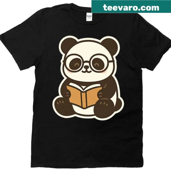 T-shirt featuring a panda reading a book in a cute illustration