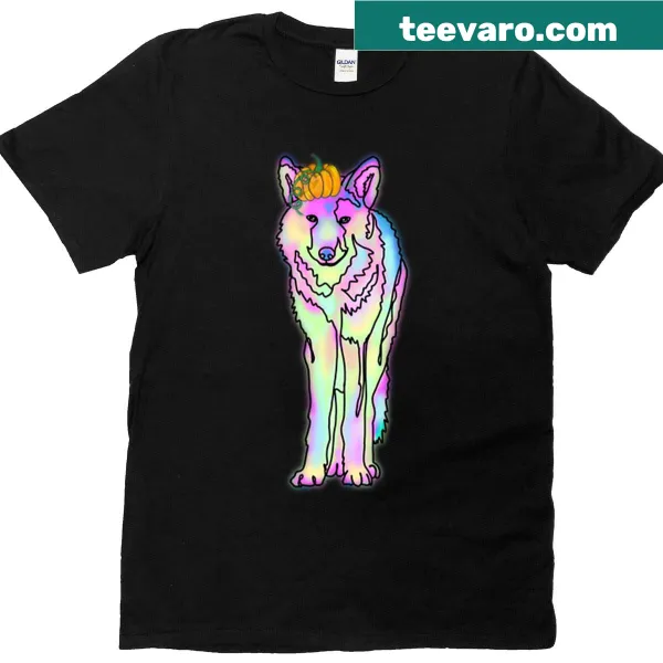 Pastel wolf with pumpkin illustration on an oversized t-shirt
