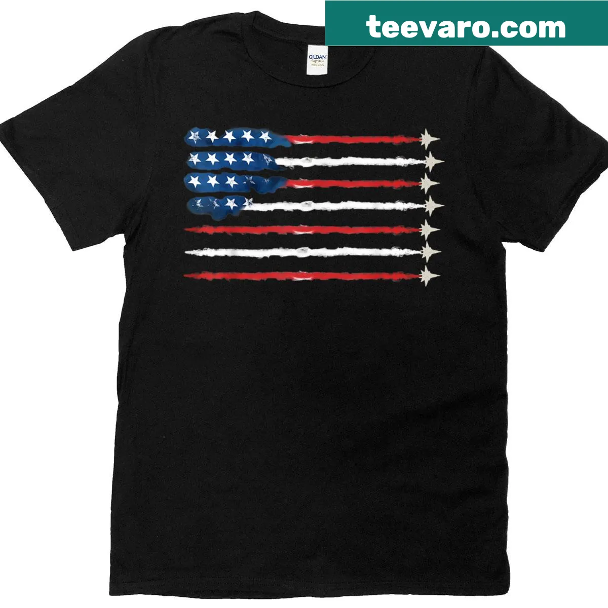 T-shirt featuring fighter jets above the American flag for 4th of July — on a men's t-shirt