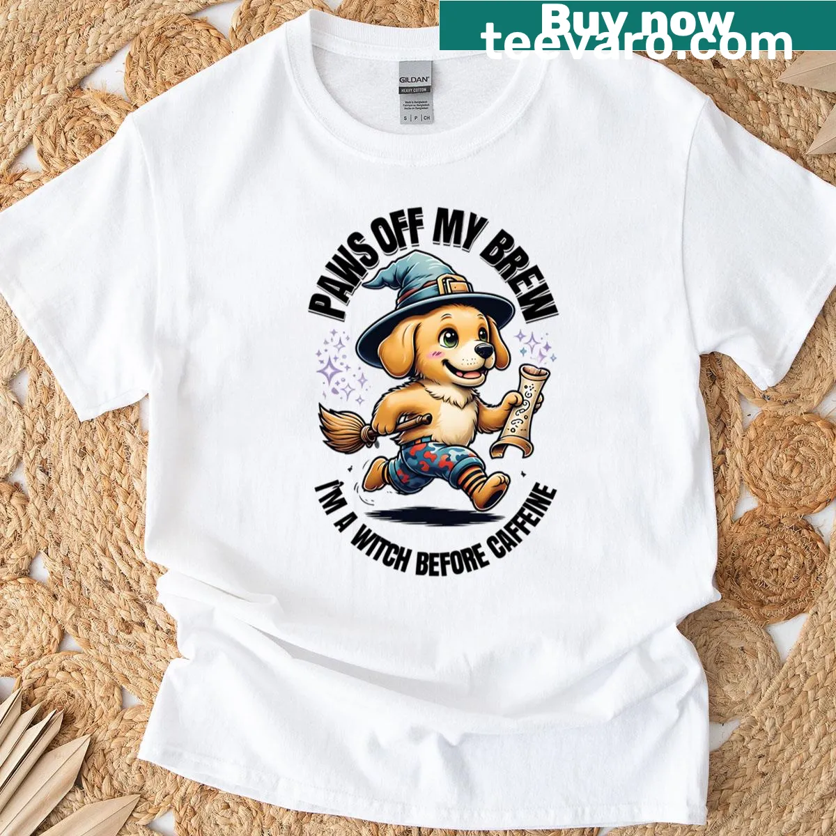 Cute Halloween t-shirt with a witchy dog guarding coffee — on a men's t-shirt