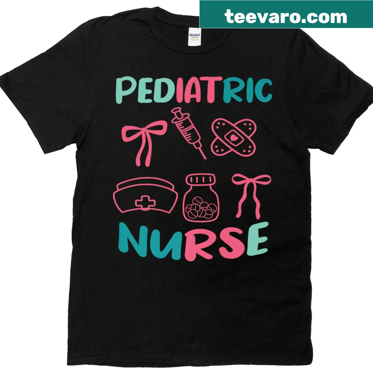 Graphic T-shirt for pediatric nurses with 'Pediatric Nurse' text — on a men's t-shirt