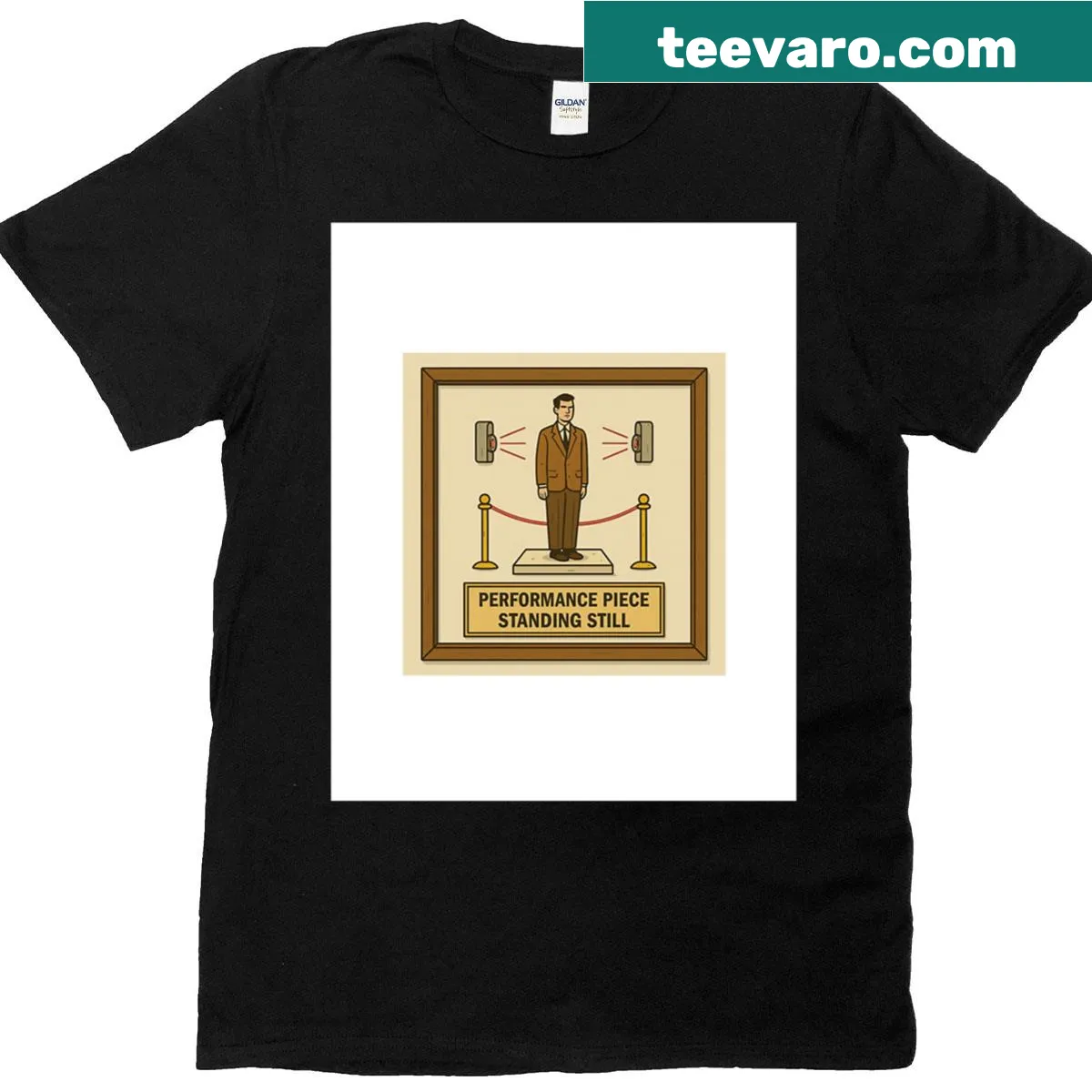 Graphic t-shirt with the phrase 'Performance Piece Standing Still' — on a men's t-shirt