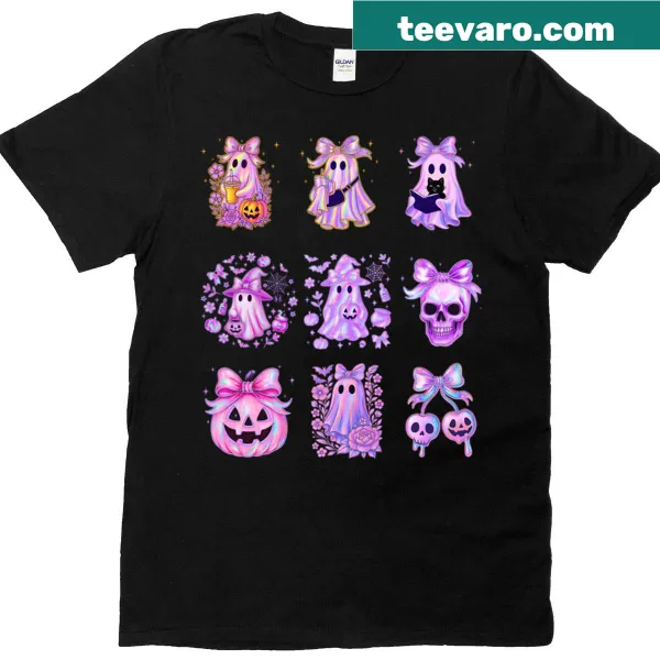 Funny oversized t-shirt with a pink ghost and pumpkin skull design.