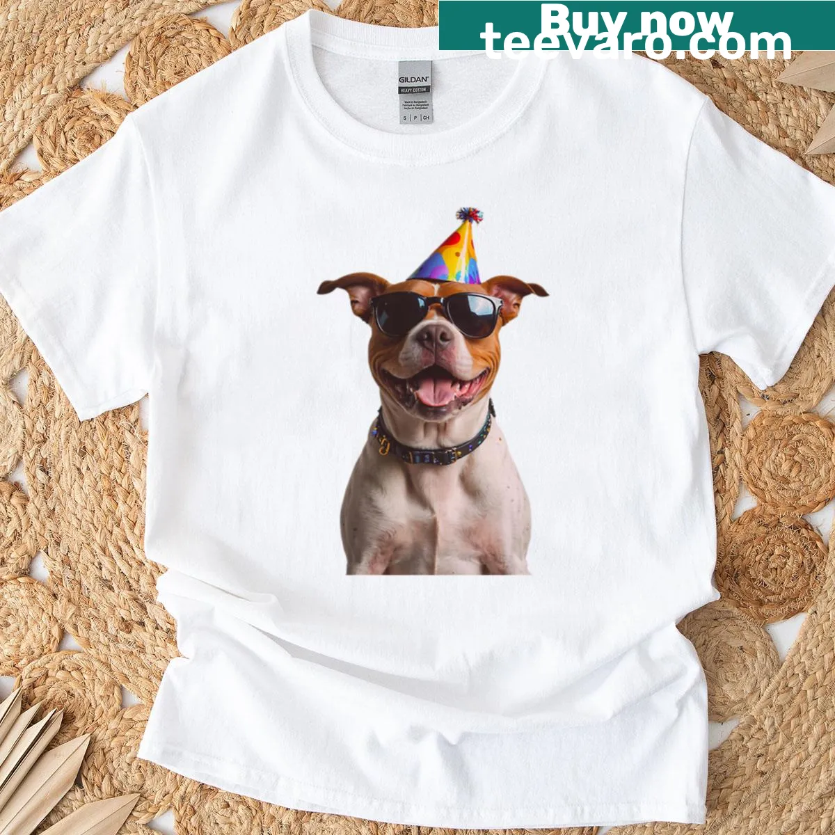 Adorable T-shirt featuring a pitbull in a party hat with balloons for a birthday celebration. — on a men's t-shirt
