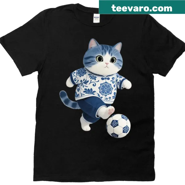 Illustrated t-shirt with a football-themed cute kitty design