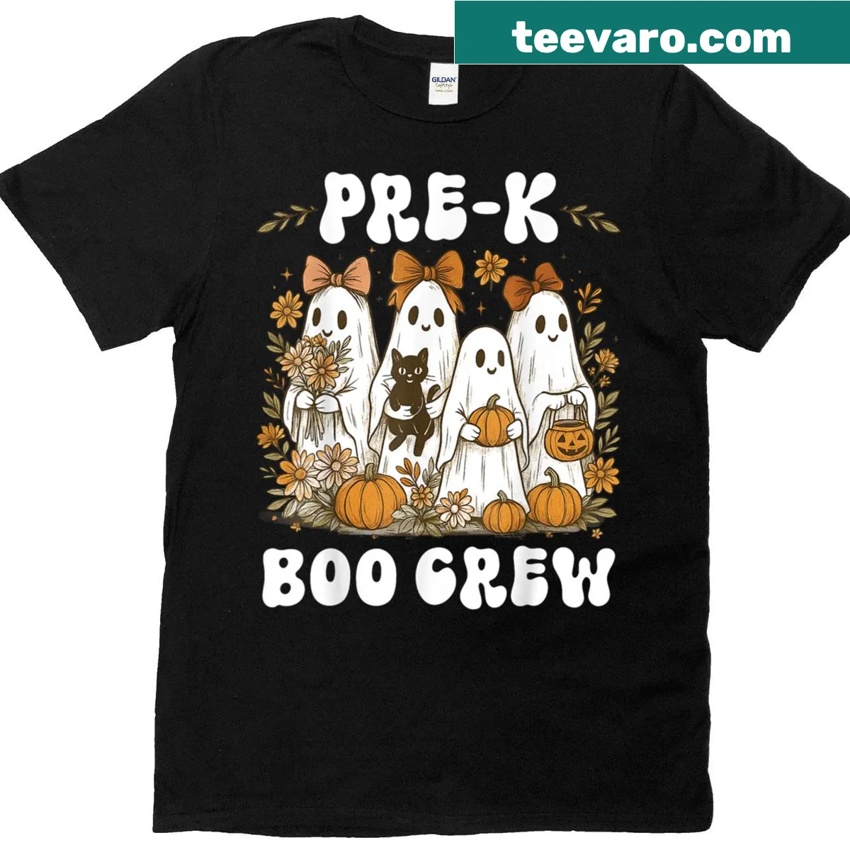 Halloween themed t-shirt with floral ghost and bow design for teachers — on a men's t-shirt
