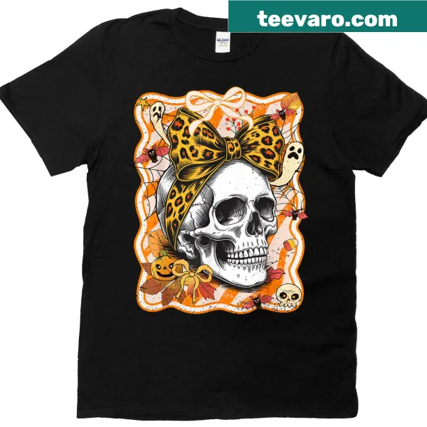 Bow-adorned skull design for a stylish Halloween kids tee.