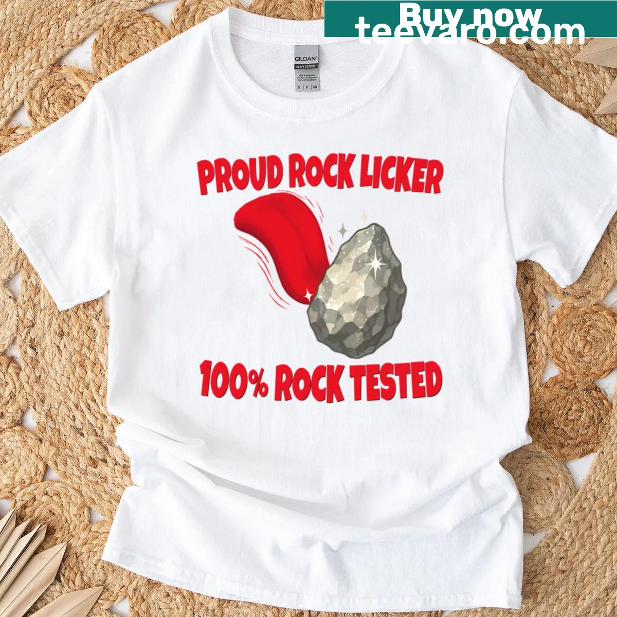 Funny geology t-shirt with 'Proud Rock Licker' text — on a men's t-shirt