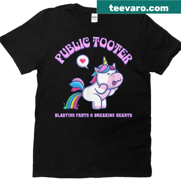 Funny unicorn humor t-shirt with 'Public Tooter' text