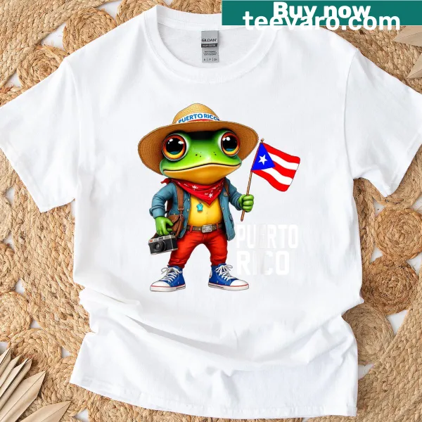 Cute Puerto Rico frog graphic t-shirt with flag design