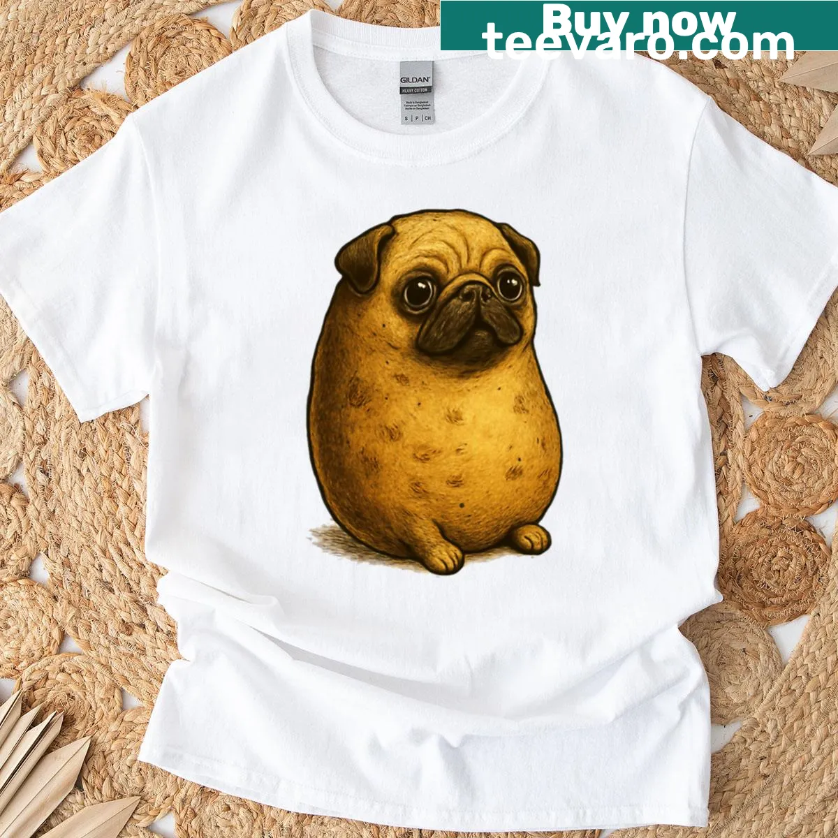 Cute cartoon pug potato graphic T-shirt. — on a men's t-shirt