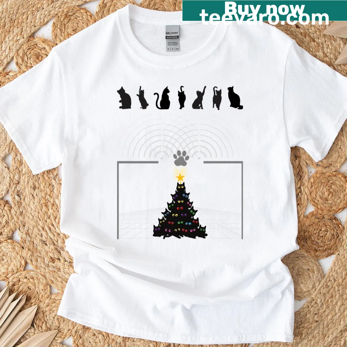 Futuristic cat-themed Christmas tree graphic T-shirt. — on a men's t-shirt