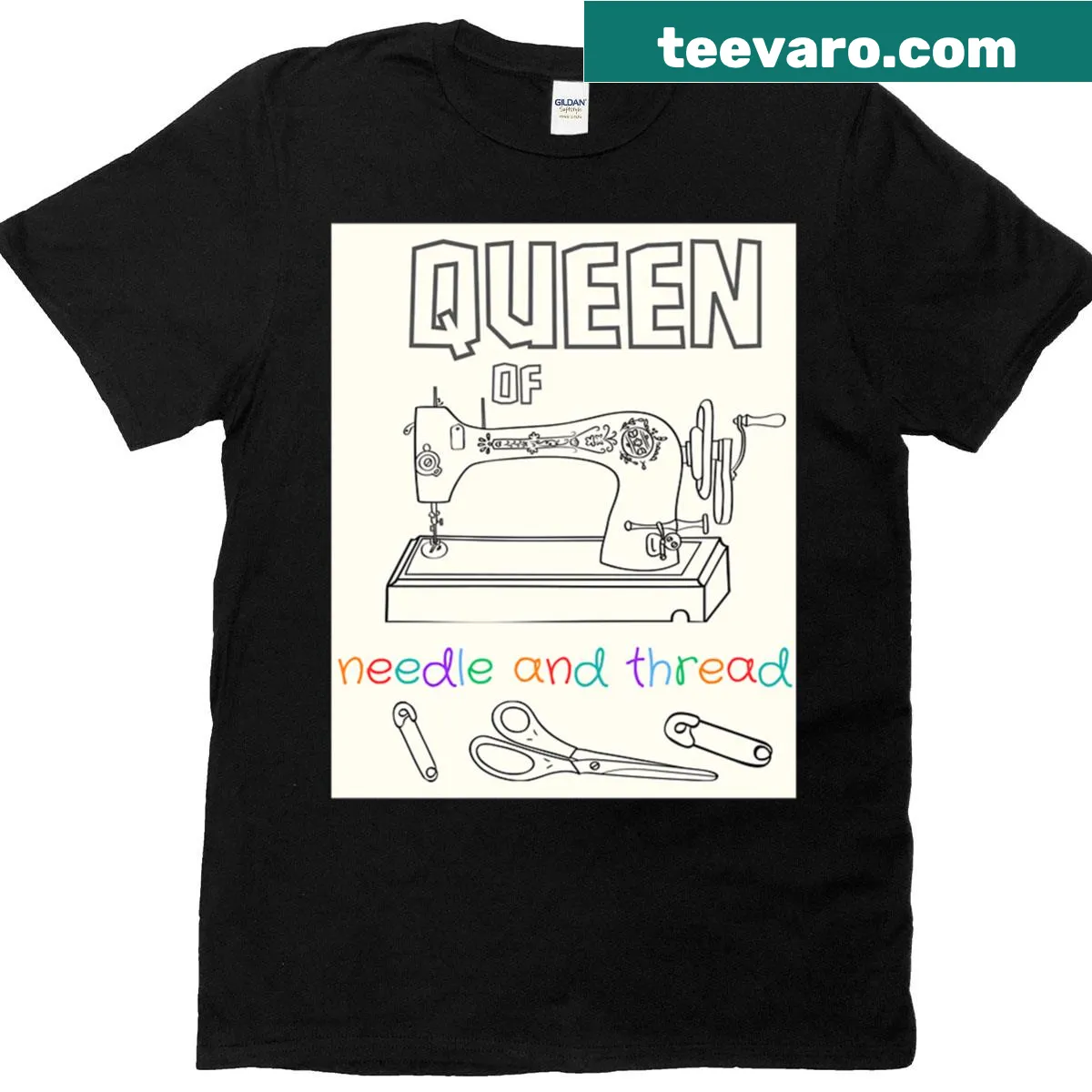 T-shirt with text proclaiming Queen Of Needle And Thread — on a men's t-shirt