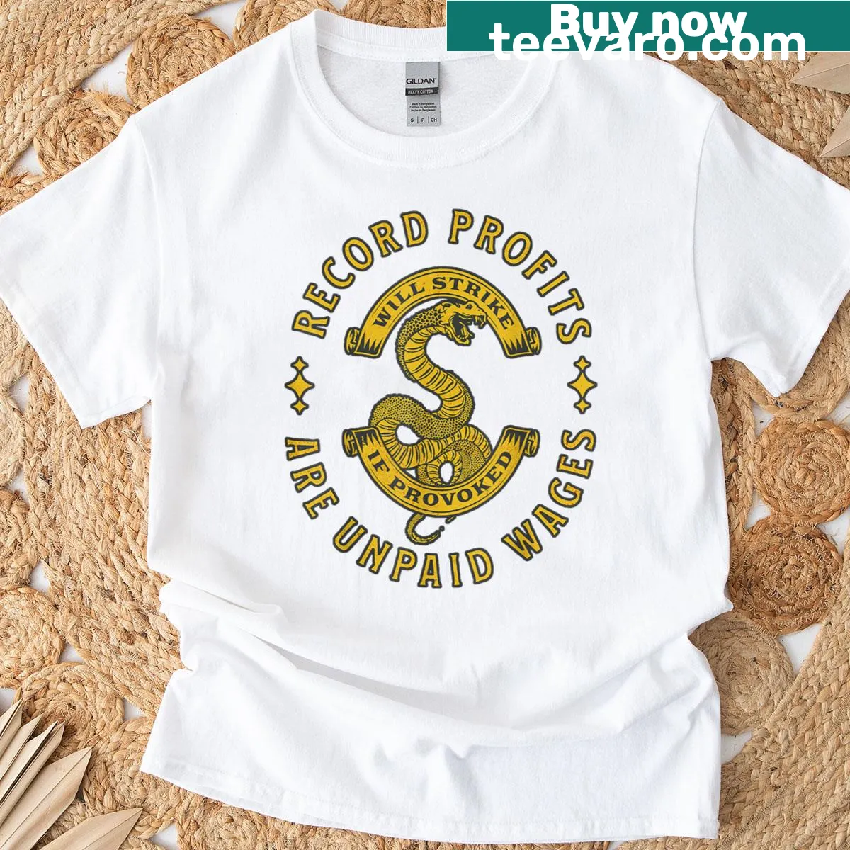 Union strong t-shirt with the phrase 'Record Profits Are Unpaid Wages' — on a men's t-shirt