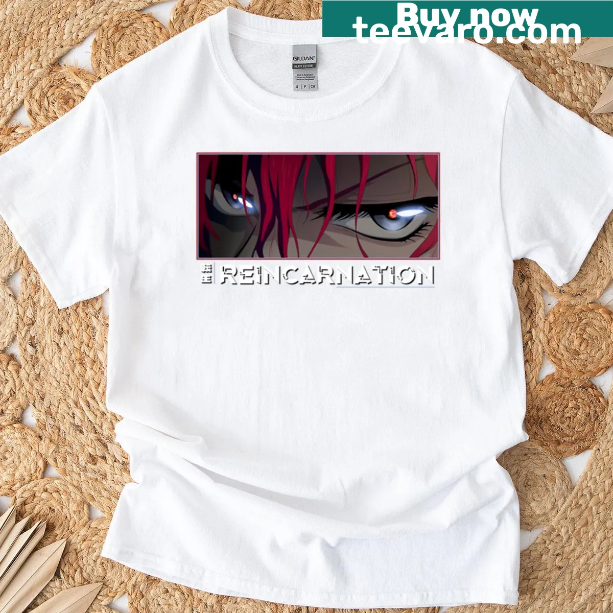 Oversized T-shirt with cozy anime eyes illustration, perfect for anime lovers. — on a men's t-shirt
