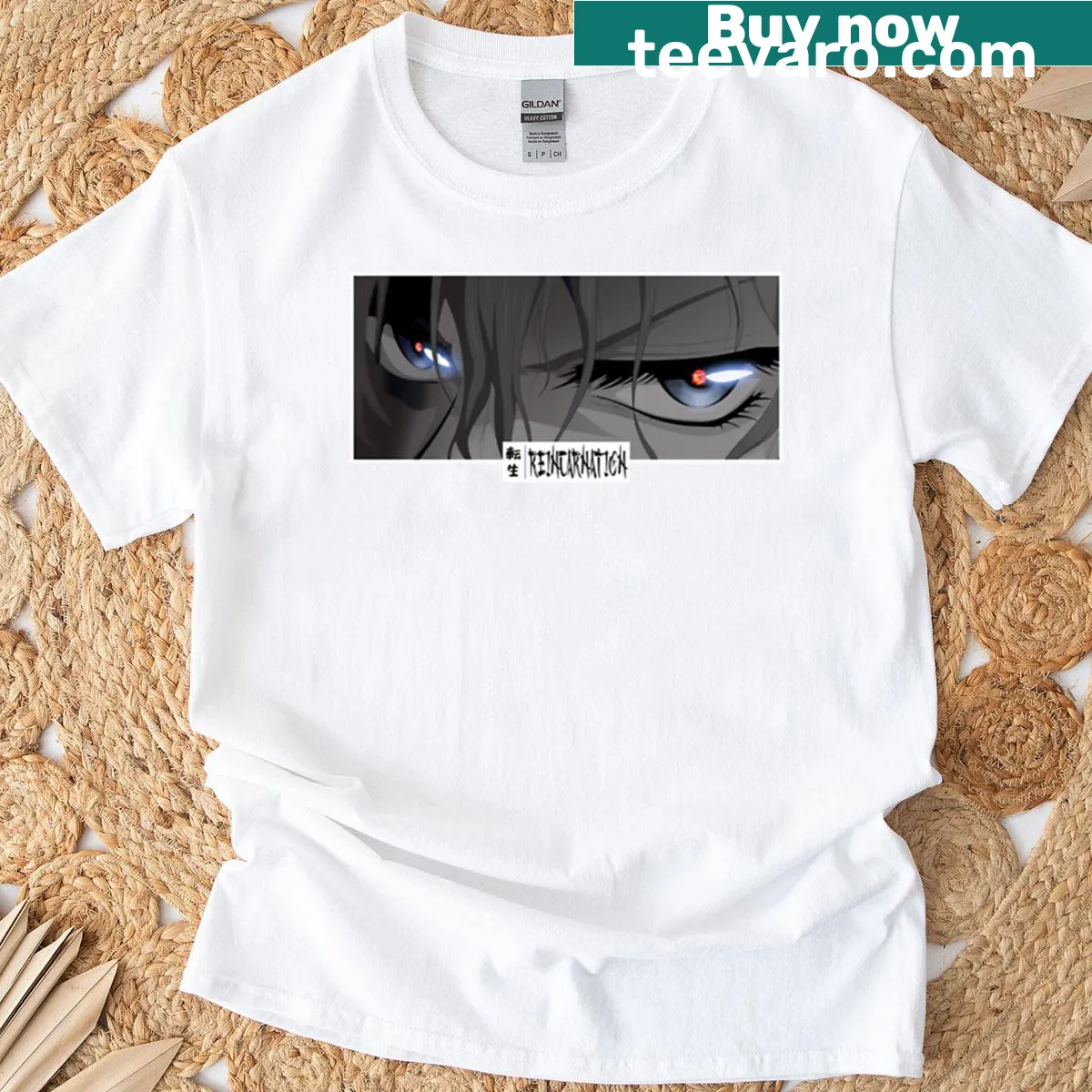 Monochrome anime eyes graphic on a cozy T-shirt — on a men's t-shirt