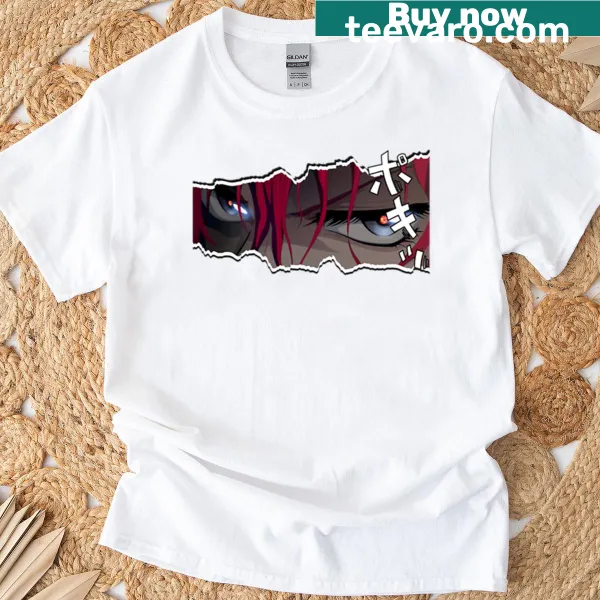 T-shirt with a scratch design of anime eyes representing reincarnation.