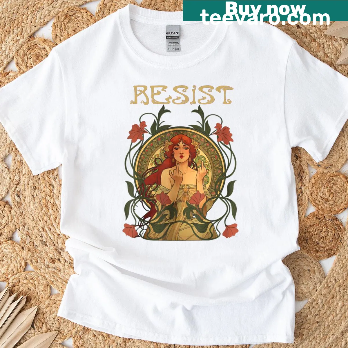 Art Nouveau inspired t-shirt with 'Resist' message — on a men's t-shirt