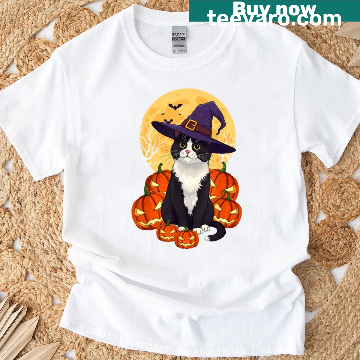 Retro black cat and pumpkin Halloween graphic t-shirt — on a men's t-shirt