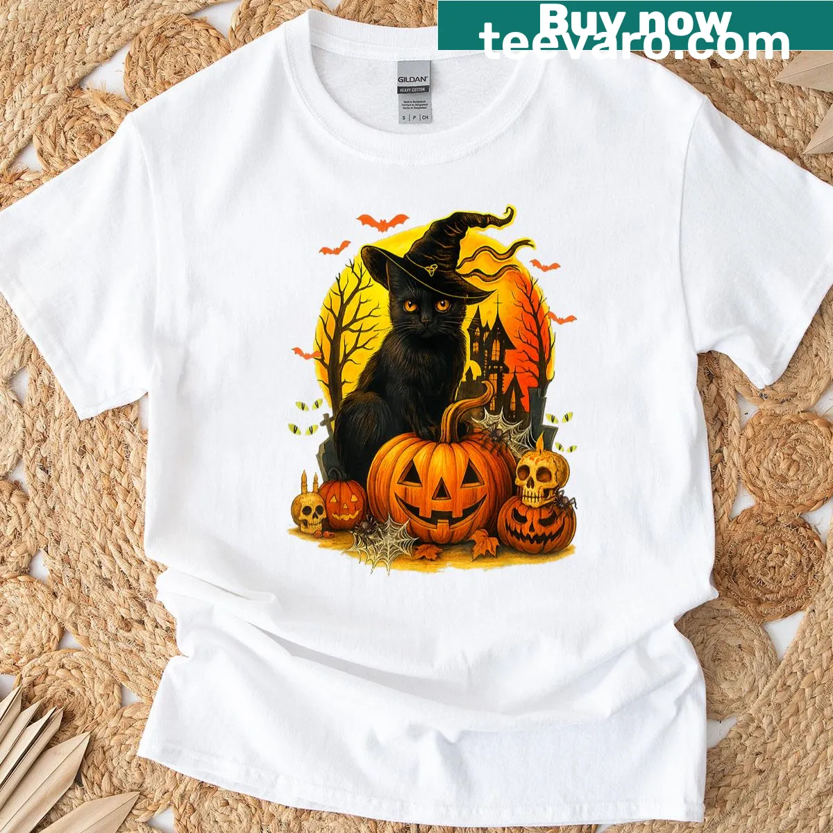 Retro black cat witch Halloween graphic t-shirt — on a men's t-shirt