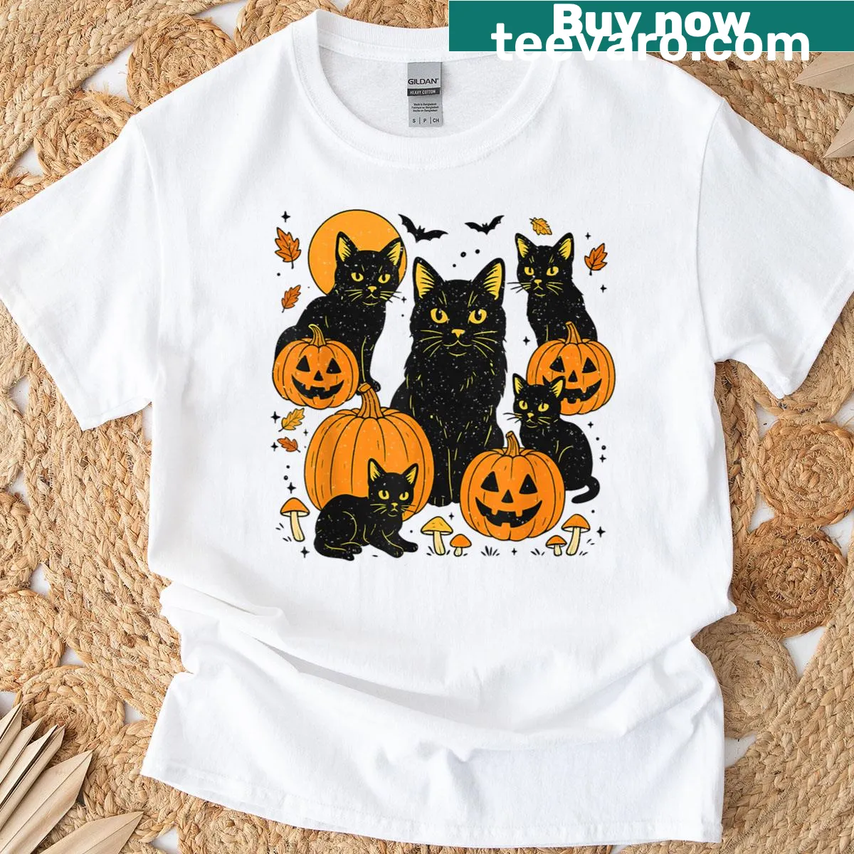 Vintage distressed Halloween t-shirt featuring a black cat and pumpkin design — on a men's t-shirt