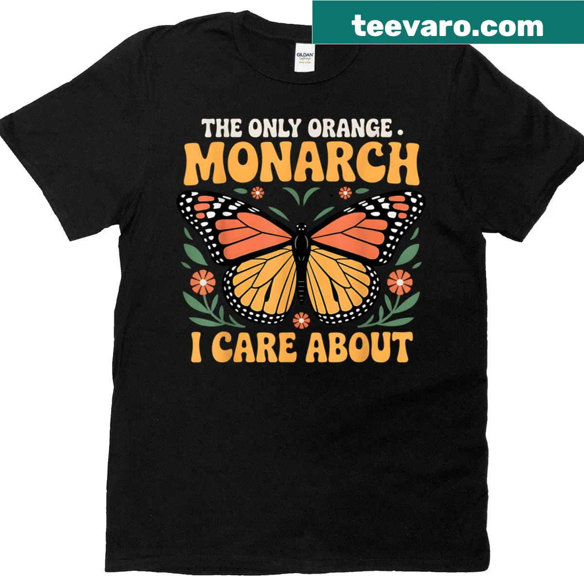 Retro T-shirt featuring an orange monarch butterfly design. — on a men's t-shirt