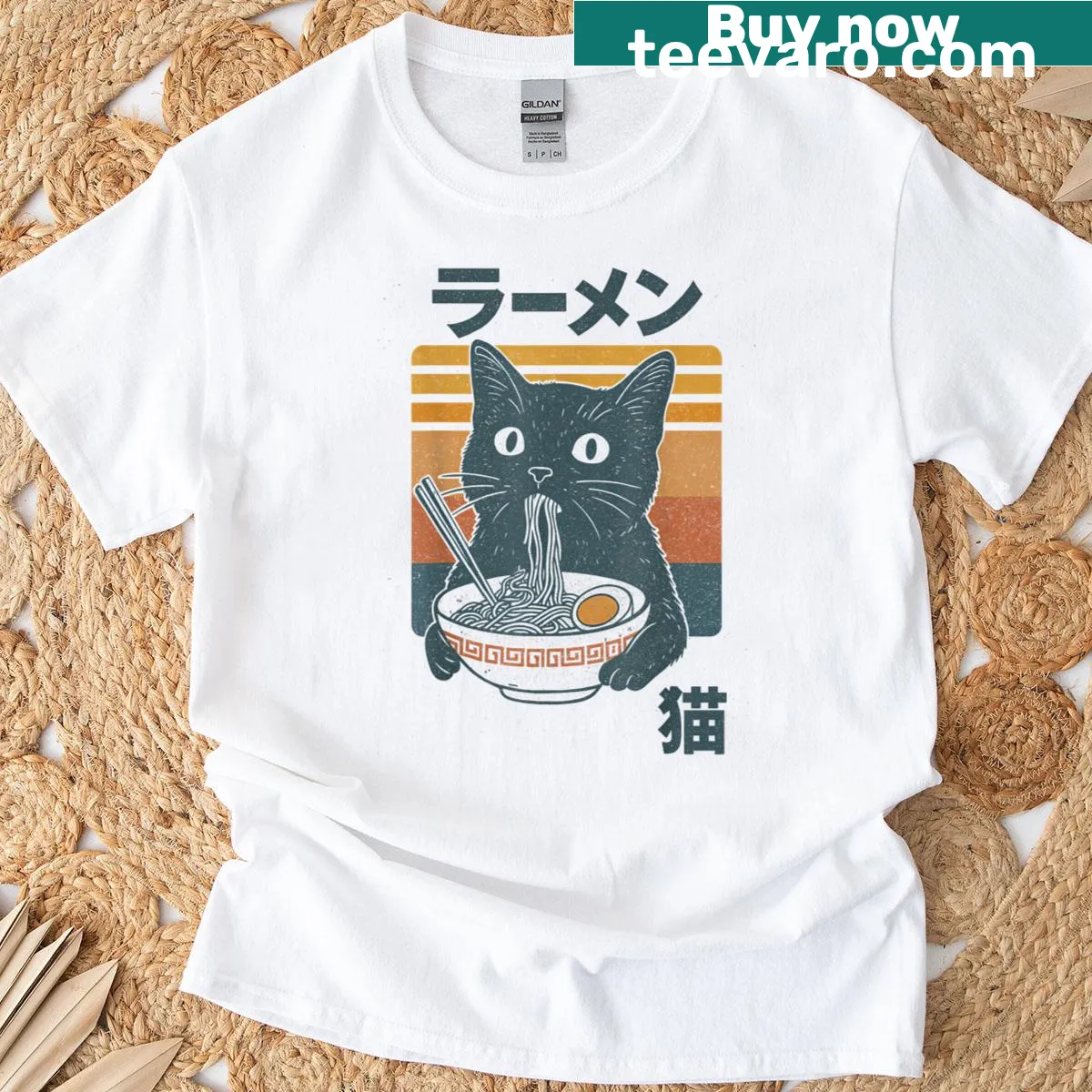 Cat eating ramen noodles graphic on T-shirt — on a men's t-shirt